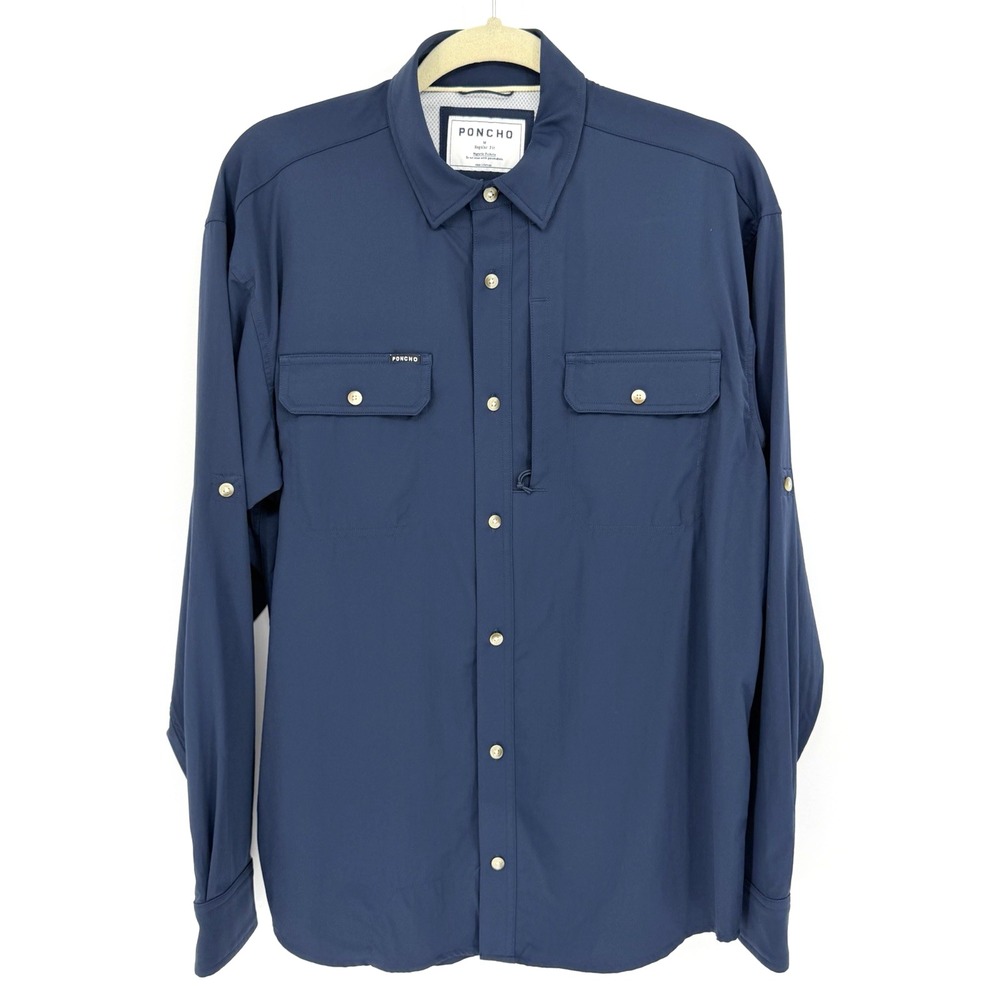 Poncho Outdoors Men's M Regular Fit Performance Shirt Magnetic Pockets Navy Blue